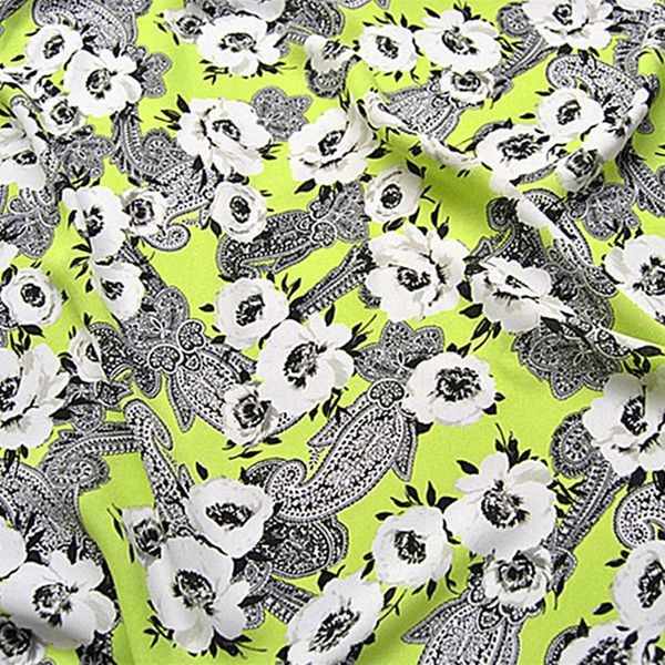 

1meters price,ramie chiffon printed fabric fluorescent background black and white flower breathless clothing fabric, Black;white