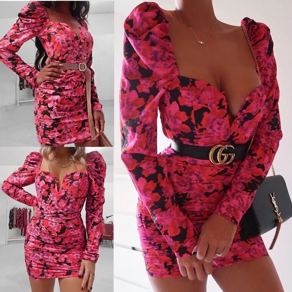 

женская bodycon puff длинным рукавом платье сексуальная площади шеи вечерние короткие мини-платье повязки мода печатные старинные платья, Black;gray