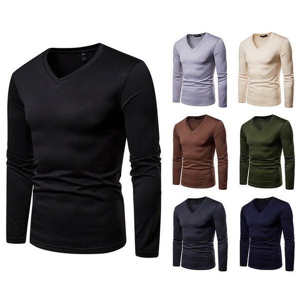 

2019 fashion basic solid men's winter slim fit v-neck long sleeve muscle tee t-shirt bottom, White;black