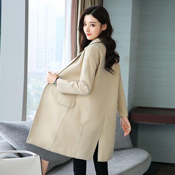 

2019 winter popular coat woolen coat women's long sleeve plus cotton thickened medium and long loose woolen jacket, Black;brown