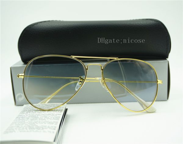 Großhandels-Top-Qualität Pilot Sonnenbrille Marke Mens Womens Fashion Brillen Flachspiegel 58 / 62MM Classic Glass Lens Gradient Box Fall
