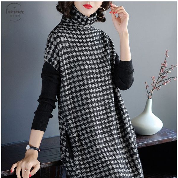 

plus size women black houndstooth knitting stretch a-line sweater dress winter female dresses clothing robes, Black;gray