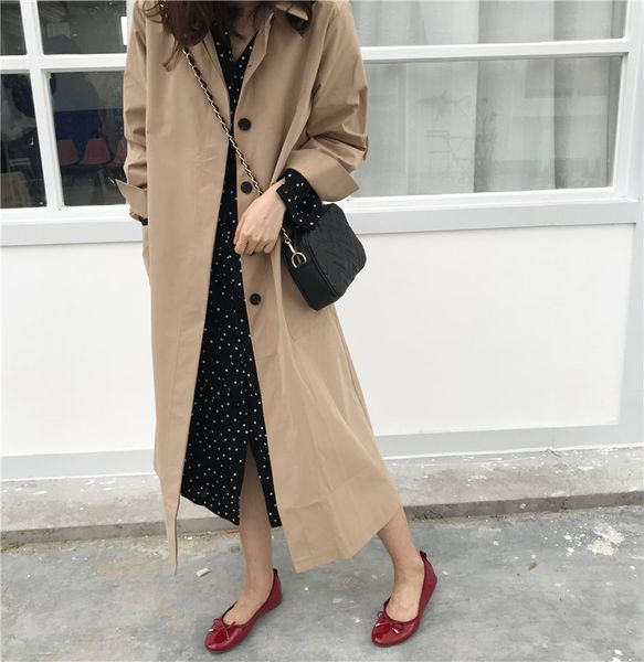 

hebaoli 2019 новой осень мода шикарного стиля однобортный windsbreak x-длинный тренчкот со случайным свободным один шелковым шарфом, Tan;black