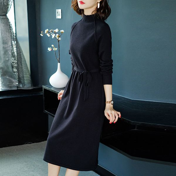

sweater women's 2019 new style fashion network red mid-length jersey dress autumn and winter with overcoat of base sweater skirt, White;black
