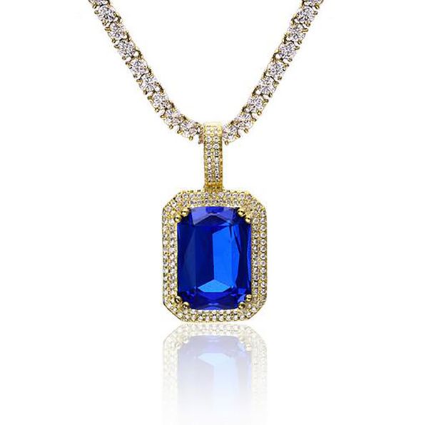 

men women hip hop copper cz bling faux lab ruby pendant gold plated iced out sapphire rock rap hip hop jewelry for gift, Silver