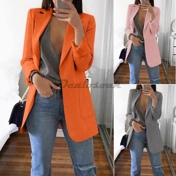

2019 blazer feminino women's jacket autumn long sleeve slim lapel open sewn long jacket black office work 2019 suit women, White;black