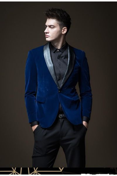 Yeni Yakışıklı Geri Vent Bir Düğme Mavi Kadife Düğün Damat Smokin Şal Yaka Groomsmen Erkekler Balo Blazer Suits (Ceket + Pantolon + Kravat) 235