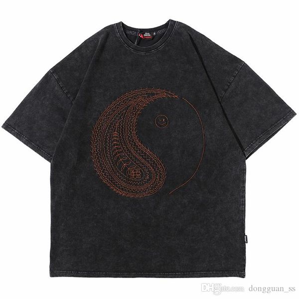 

2020 мужчины футболка streetwear китайский багуа вышивка футболка hip hop сыпучие с коротким рукавом футболки лето harajuku хлопок топы тис, White;black
