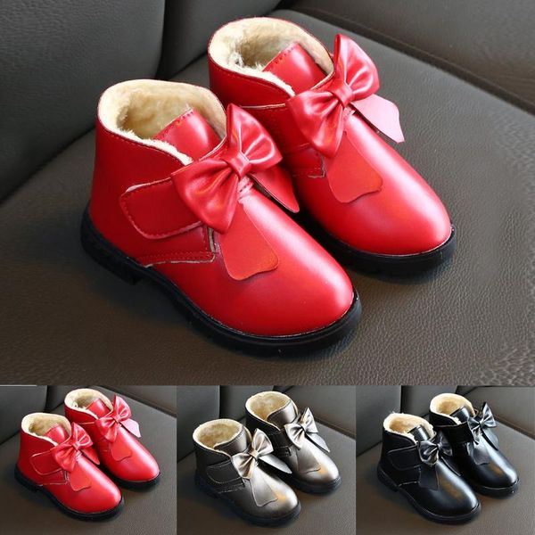 

2020 new fashion girl leather boots princess shoes winter children baby girls bowknot warm sport snow boots booties casual shoes, Black;grey