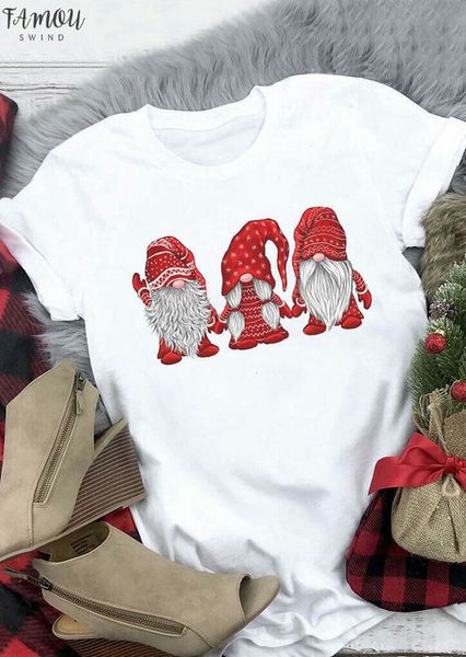 

рождественские гномы санта клаус печать tshirt женщины o шеи с коротким рукавом tshirts harajuku ulzzang kawaii рубашка женская одежда корей, White