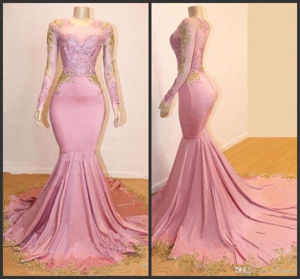 

2019 new sheer long sleeves mermaid long prom dresses black girls gold lace applique sweep train formal party evening gowns a61