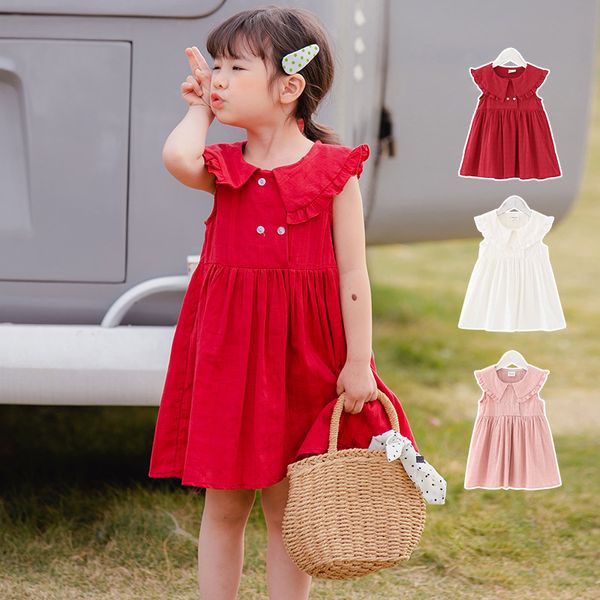 

biniduckling 2020 summer toddler girls dress cotton solid sleeveless dress for baby girls kid red pink white for 18m to 5t, Red;yellow