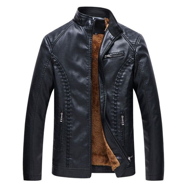 

2018 new winter men motorcycle keep warm leather jackets fashion brand men's fleece solid color leather jacket coats, Black