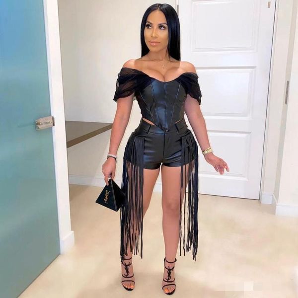 

felyn 2020 новинки chic дизайн два частей pu женщин set плеча tops и кисточка шорты летней sexy night club эпикировка, White