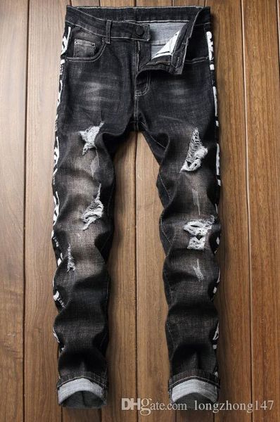 

new man's casual skinny jeans hole nostalgic jeans men fashion zipper pants mens straight leg jeans trousers fashion cowboy beggar, Blue