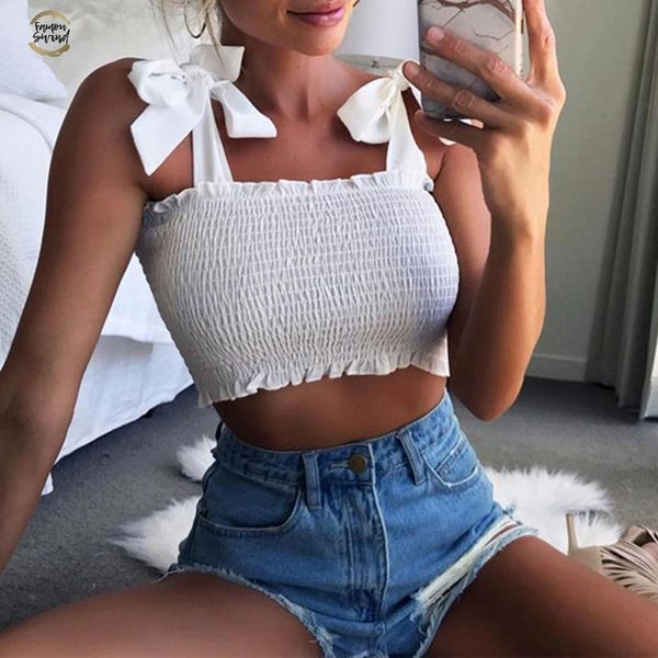 

fashion women tank casual short bow vest bow bandage square collar crop shirt tees, White