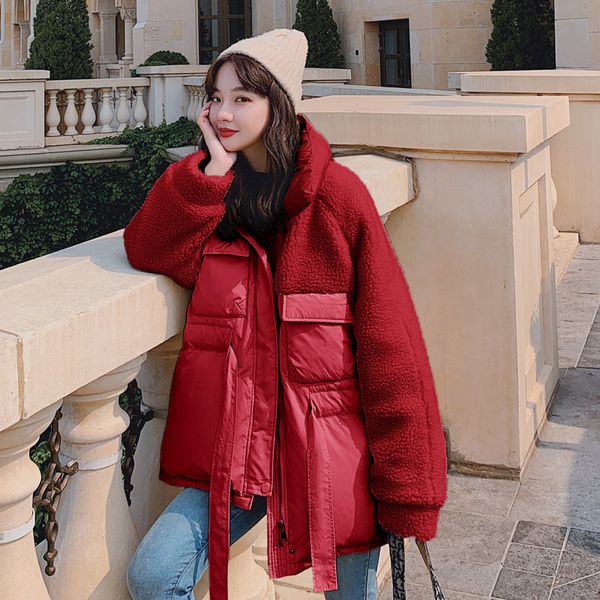 

casual lamb hair stitching cotton jacket 2019 winter new korean loose bf college wind coat women parkas outerwear v1168, Black