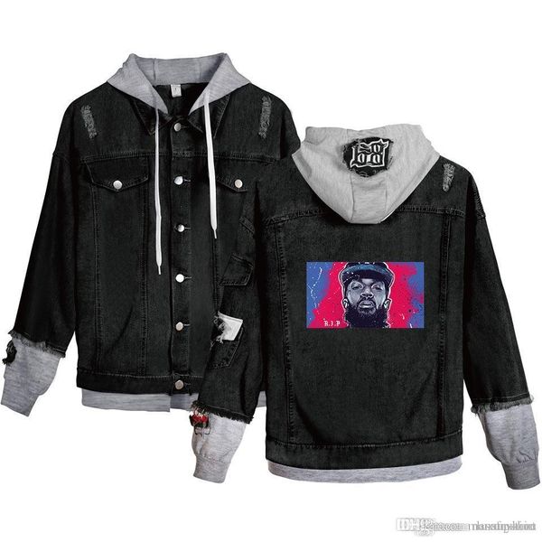 

19ss men teenager rapper coats nipsey hussle denim jackets hooded fake 2pcs r.i.p hiphop casual street jacket, Black;brown