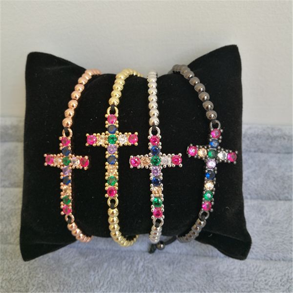 

10pcs/lot 4mm brass bead handmade black rope bracelet rainbow cross adjustable bracelet