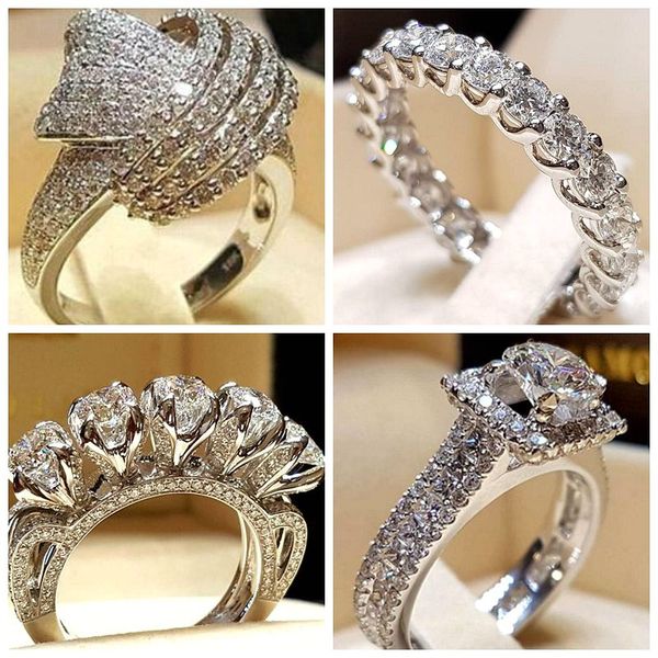 

30pcs/lot mixed crystal white round single ring brand luxury promise silver engagement ring vintage bridal wedding rings for woman, Slivery;golden