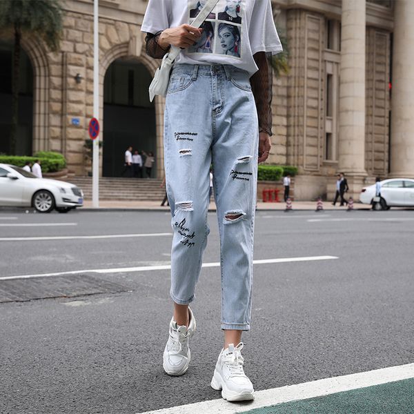 

2019 new summer women harem pants fashion slim high waist jeans female ripped hole letter nine points loose trousers women d235, Blue
