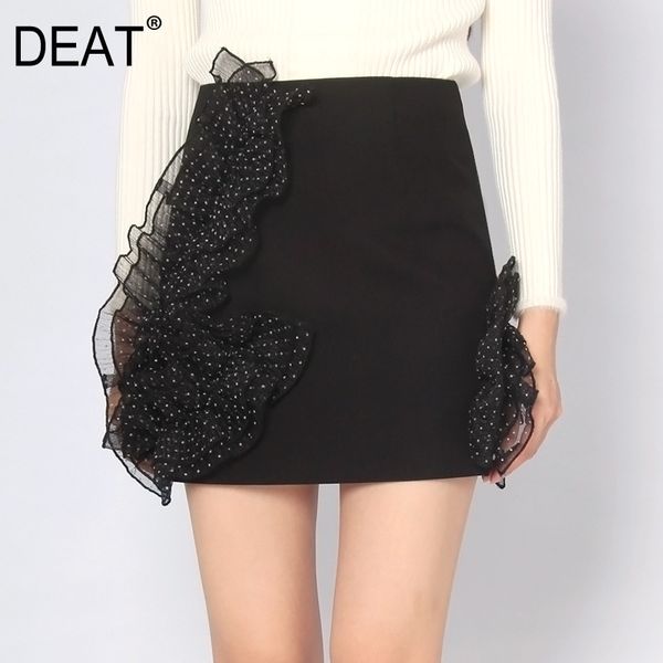 

deat] 2020 elegant banquet women's skirt office lady high end lace dot patchwork mini length waist slim lotus leaf wild aq528, Black