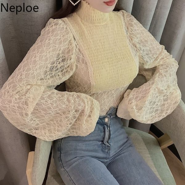 

neploe turtleneck lace patch long sleeve blouse hollow out pleated design blusas solid sllim fit shirt autumn spring 48521, White