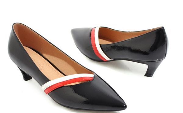 

blue patchwork women's shoes in spring and autumn middle heel pointed end, Black