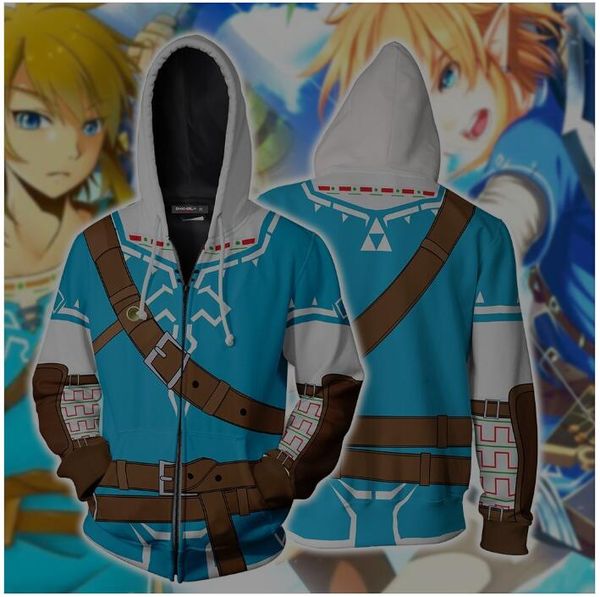 

the legend of zelda: breath of the wild link cosplay zip up hoodie 3d printed sweatshirt cosplay cartoon hooded jackets, Black