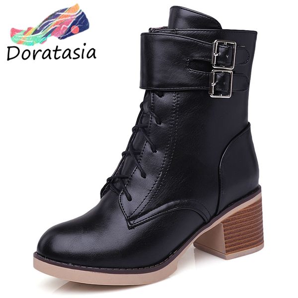 

doratasia 34-43 new ladies chunky high heels boots women fashion lace-up ankle boots office lady winter add fur shoes woman, Black