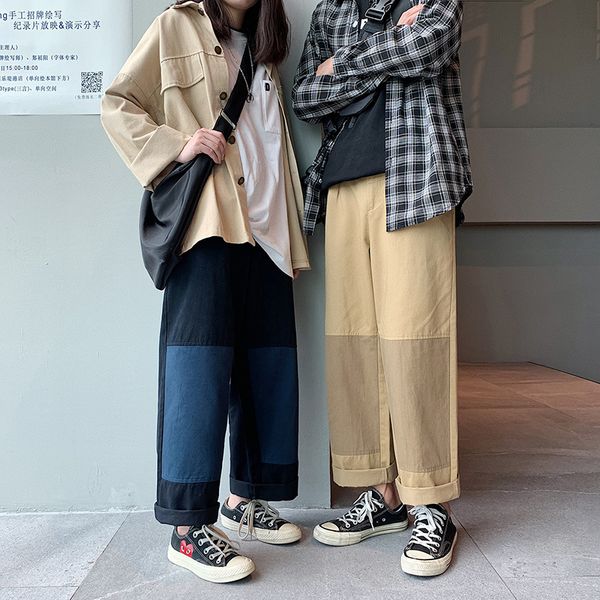 

2019 hit color split joint pants men and women directly canister work clothes easy wide leg pants k24p55, control 78, Black