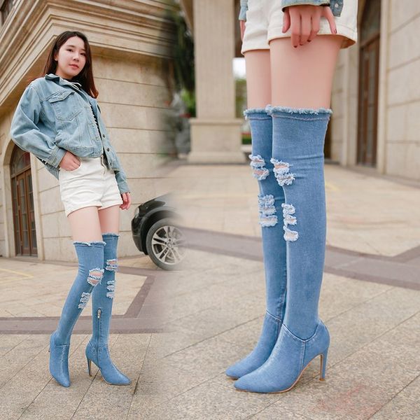 

women hollow out pointed toe over knee blue denim lace-up gladiator boots long high heel jean boots shoes, Black