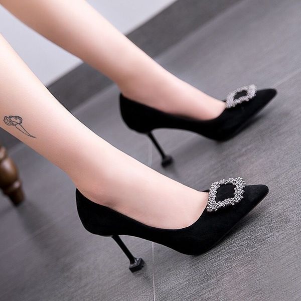 

high heels ladies 2020 new korean pointed rhinestones buckle single shoes shallow mouth stiletto pumps black career work shoes