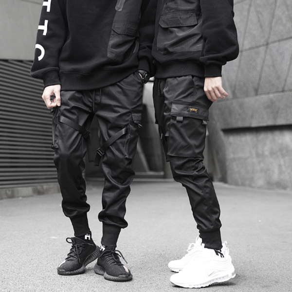 

men ribbons color block black pocket cargo pants 2020 harem joggers harajuku sweatpant hip hop trousers