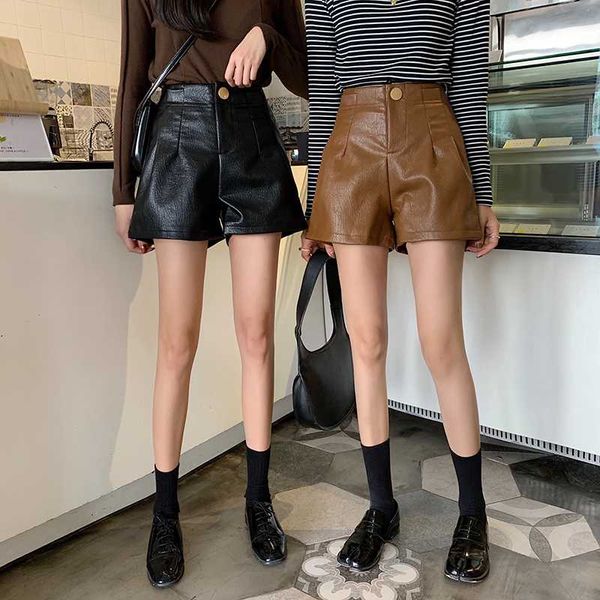 

pu leather shorts women high waist faux leather shorts female autumn winter wide leg ladies party chic short feminino, White;black