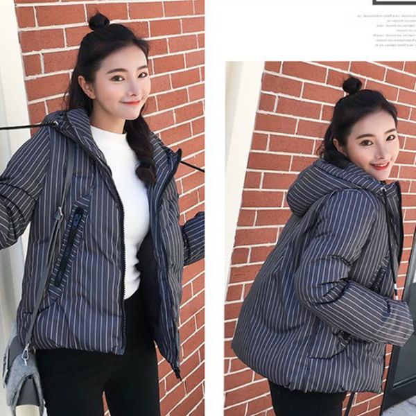

korean oversize winter jacket women parka stripe padded coat hooded casaco feminino inverno, Black