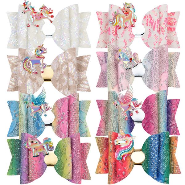 

3.5 inch baby girl hair clips unicorn bow barrettes hairbow hairpin sequins boutique cartoon hair head accessories, Slivery;white