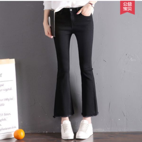 

black tassel micro flared jeans eight female nine minutes of pants burrs show thin joker flares, Blue