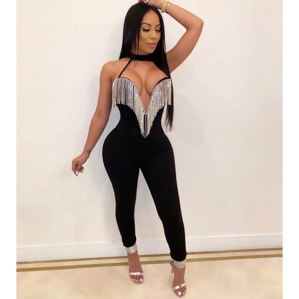 

2 colors ladies hl bandage jumpsuits diamond tassel bodycon full lengh jumpsuits celebrity fashion wear, Black;white