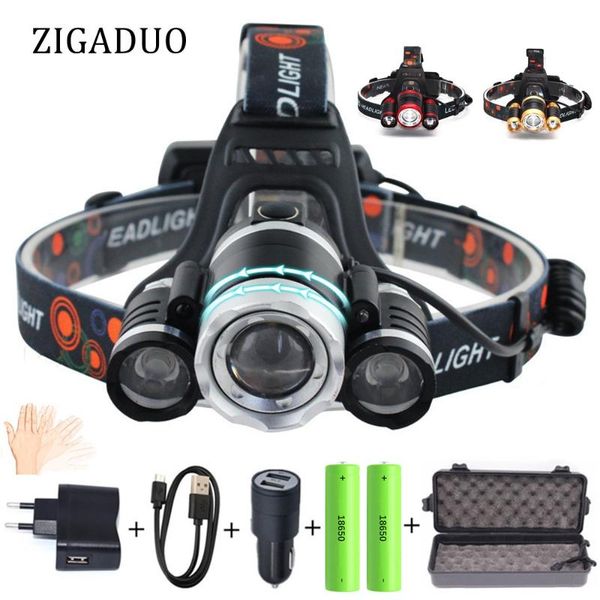 

headlamps zoom led headlamp fishing headlight 3*xml t6 usb rechargeable sensor lamp waterproof head torch by 18650