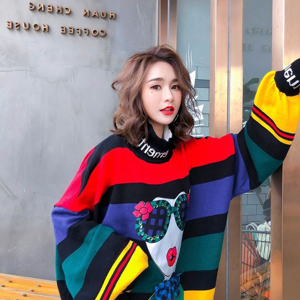 

2020 spring rainbow stripes loose plus size sweaters women fashion puff sleeve turtleneck knitted cartoon sweaters y306, White;black