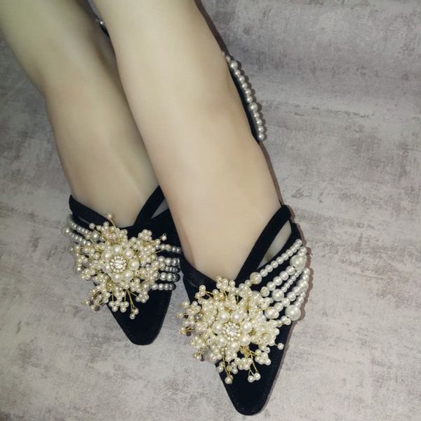 

original pointed pearl flower small square root sandals foreign gas 2019 new summer heel with shallow mouth flat with sandals, Black