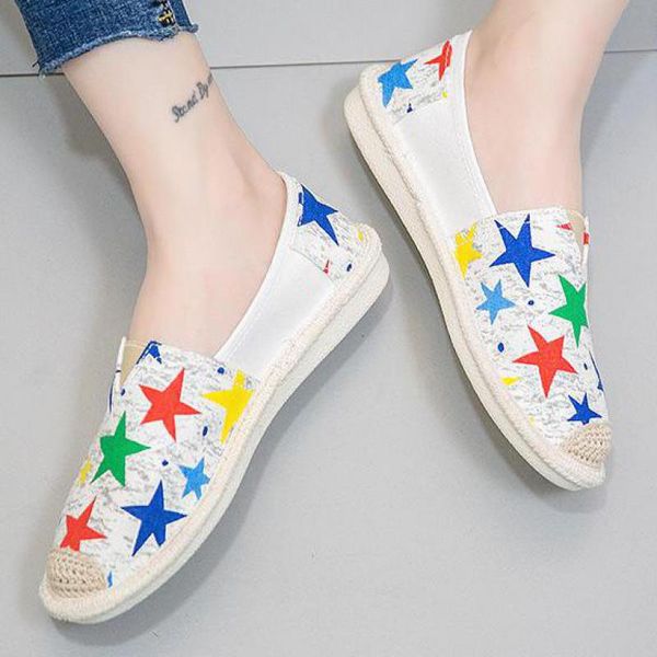 

women star printed coloured canvas shoes round toe flat loafers slip on casual fisherman shoes breathable comfort espadrilles, Black