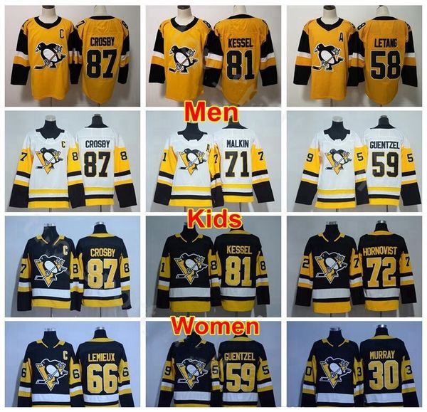 

men women youth pittsburgh penguins jerseys ice hockey 30 matt murray 66 mario lemieux 59 jake guentzel 58 kris letang man kids lady, Black;red