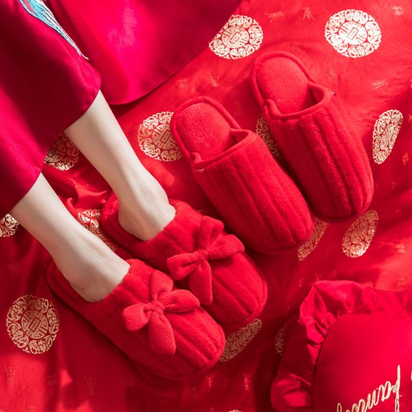 

winter wedding cotton slippers red couple home wedding home warm indoor and winter plush slippers bow women, Black
