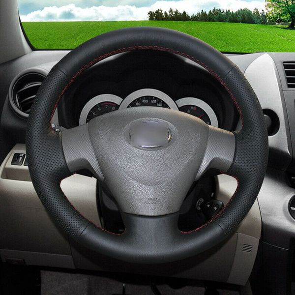

black leather red stitch car steering wheel cover for toyota corolla ex / vios