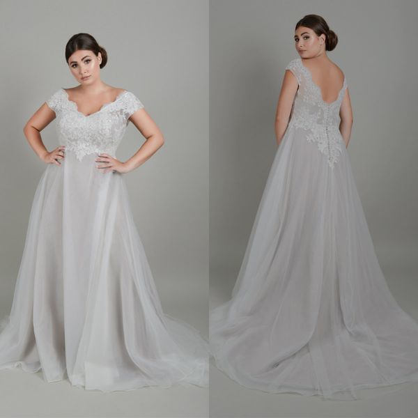 

2020 modest wedding gowns a line v neck short sleeve plus size wedding dresses sweep train tulle lace applique sequins button bridal gowns, White
