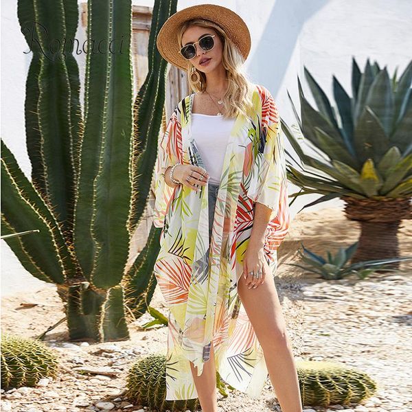 

sarongs summer blouse women chiffon kimono leaves floral print open front wide sleeves side high split oversize loose bikini cover up, Blue;gray
