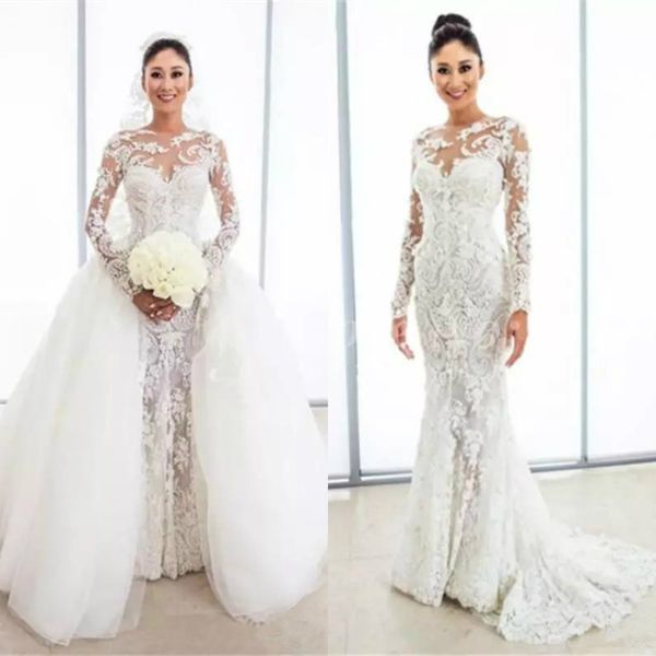 

2019 gorgeous lace mermaid wedding dresses with tulle puffy overskirt illusion long sleeves bridal gowns custom wedding dress bridal gowns, White