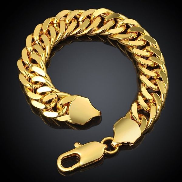 

12mm thick heavy tight miami wrist chain 18k yellow gold filled classic mens bracelet solid double curb chain link 9 inches, Black